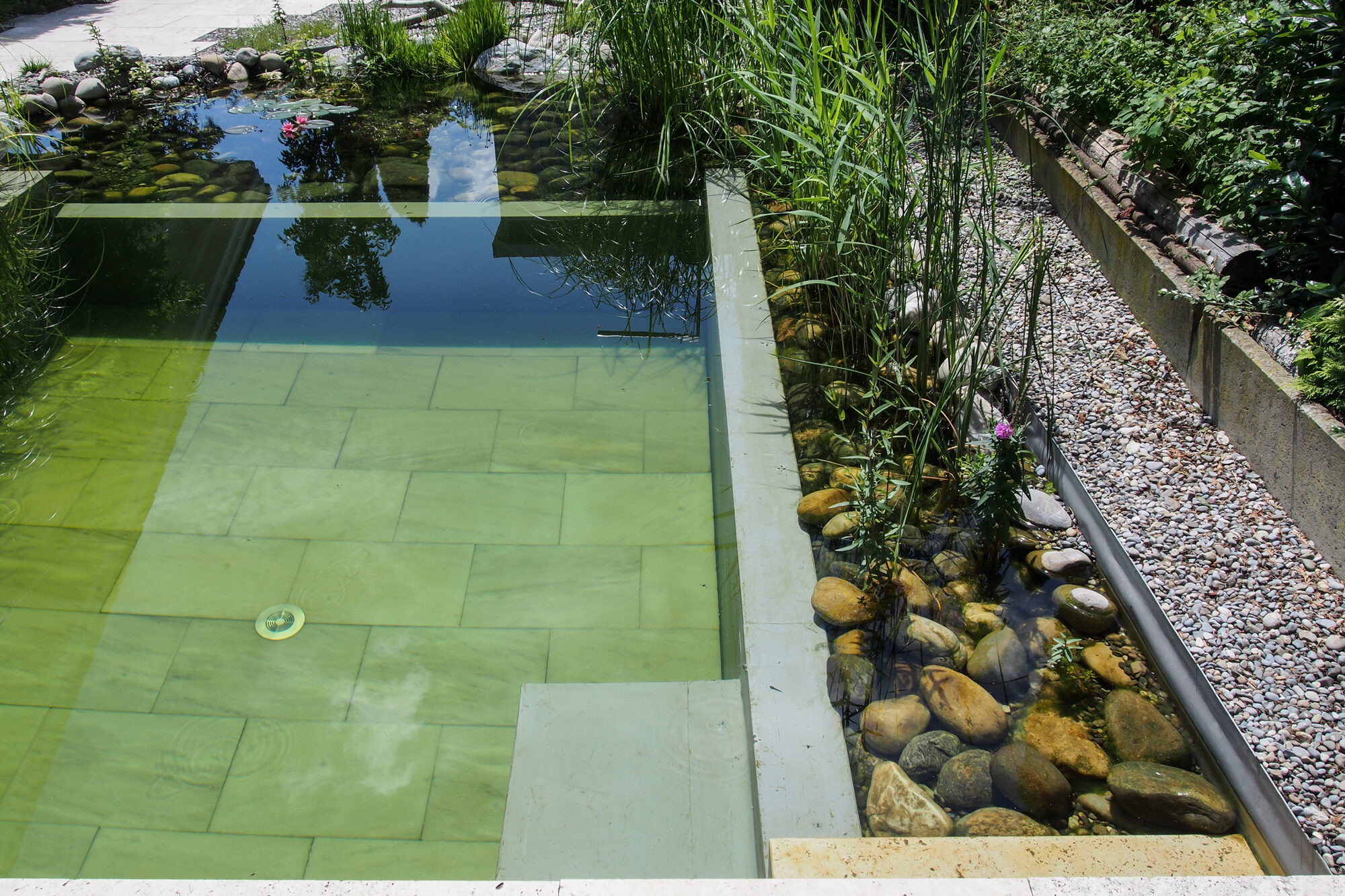 Schwimmteich mit Sitzgelegenheit